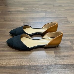 Merona Black Fabric & Brown Leather Pointed Flats with Side Opening